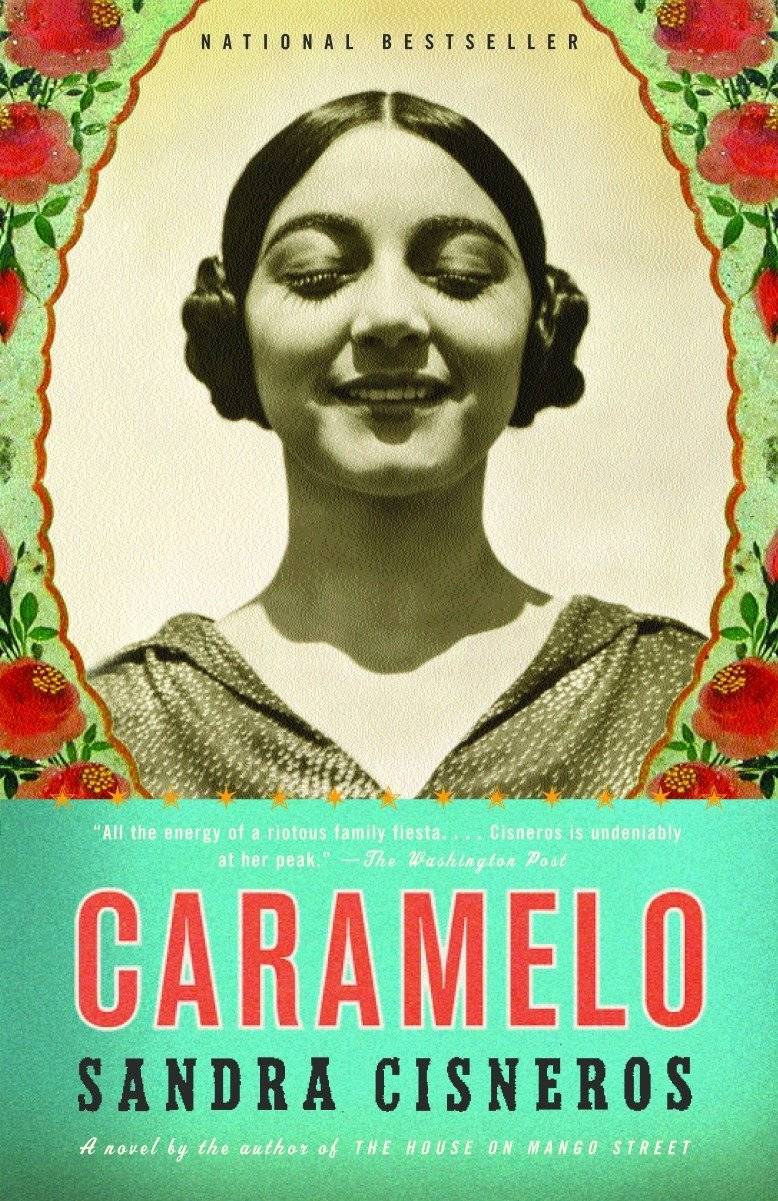 "Caramelo" book cover featuring a photo of a young woman smiling with closed eyes and braided buns in her hair.